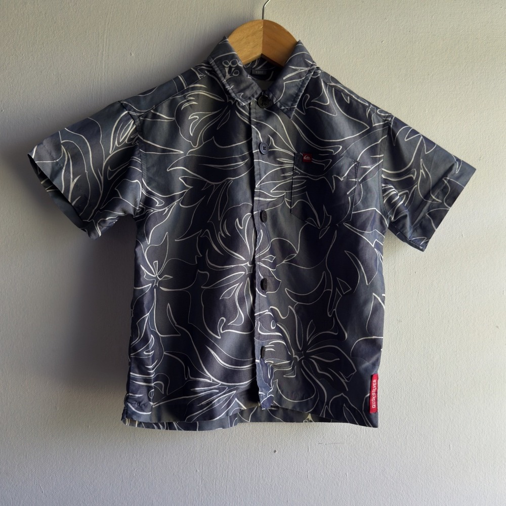 Quiksilver Floral Hawaiian Button Down Shirt Kids Size 4 Gray Surf Coastal Boho